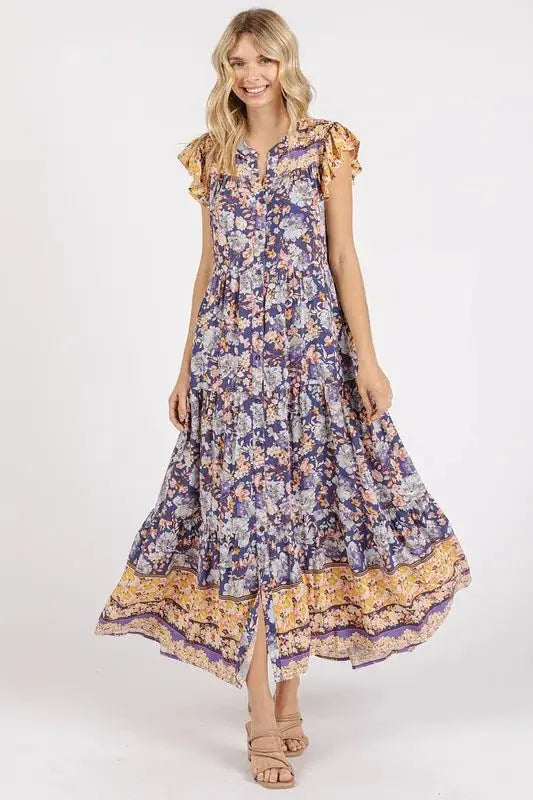 Mittoshop Floral Ruffled Notched Cap Sleeve Maxi Dress - Love Salve
